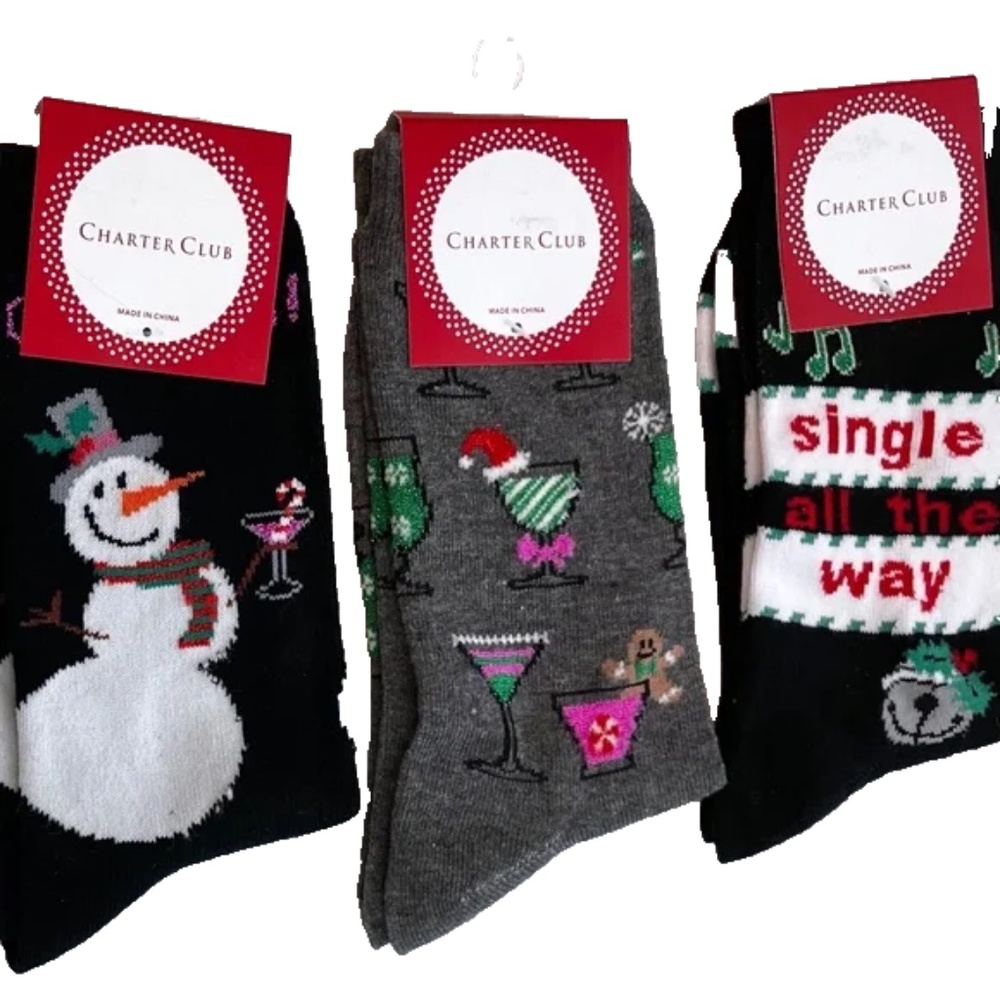 (NWT) 3 Pairs of Women's Charter Club Snowman/Cocktail Winter Crew Socks 9-11